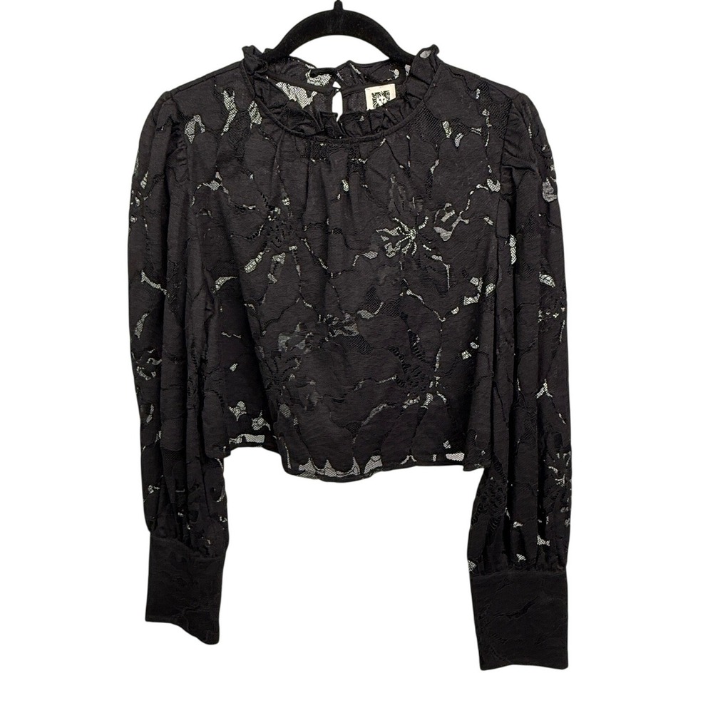 Anne Klein Black Floral Lace Ruffle Mock Neck Cropped Blouse Long Sleeve Medium